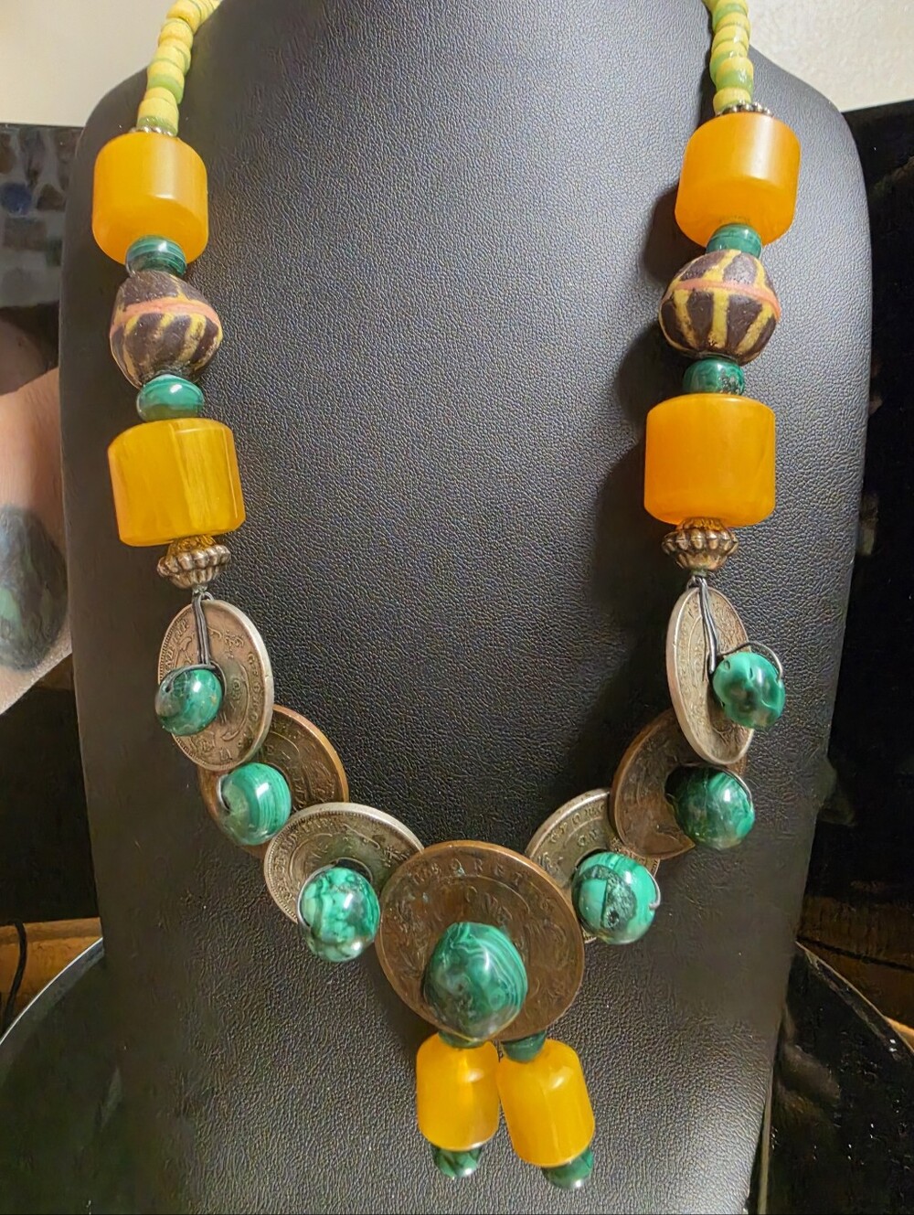 Vintage British W. Africa Trade Necklace w Coins Malachite Phenolic Resin Glass